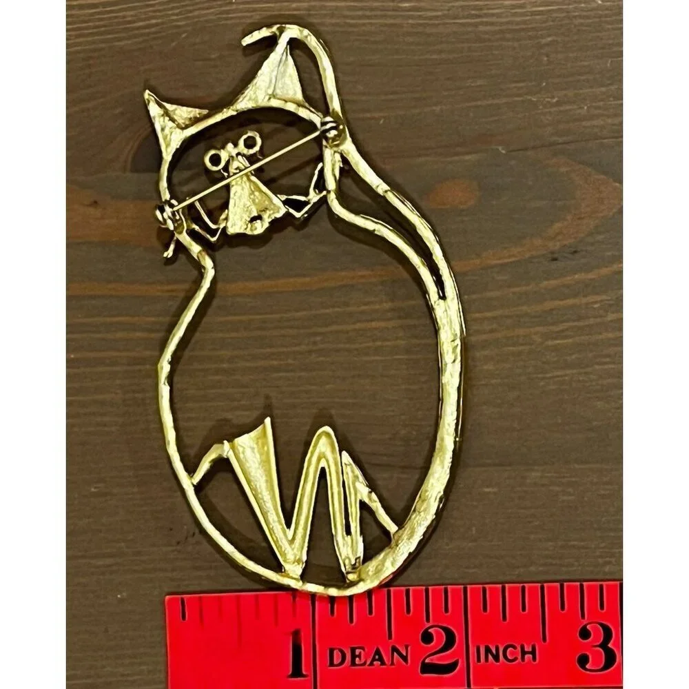 Vintage Large Fat Cat Pin Brooch Abstract Outline Goldtone Modern Artsy 80s 3.5